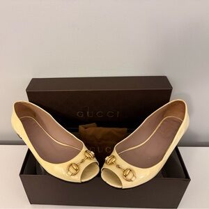 Gucci Jolene Patent Leather Open-toe Horsebit Ballet Shoes, Off-white, Size 6